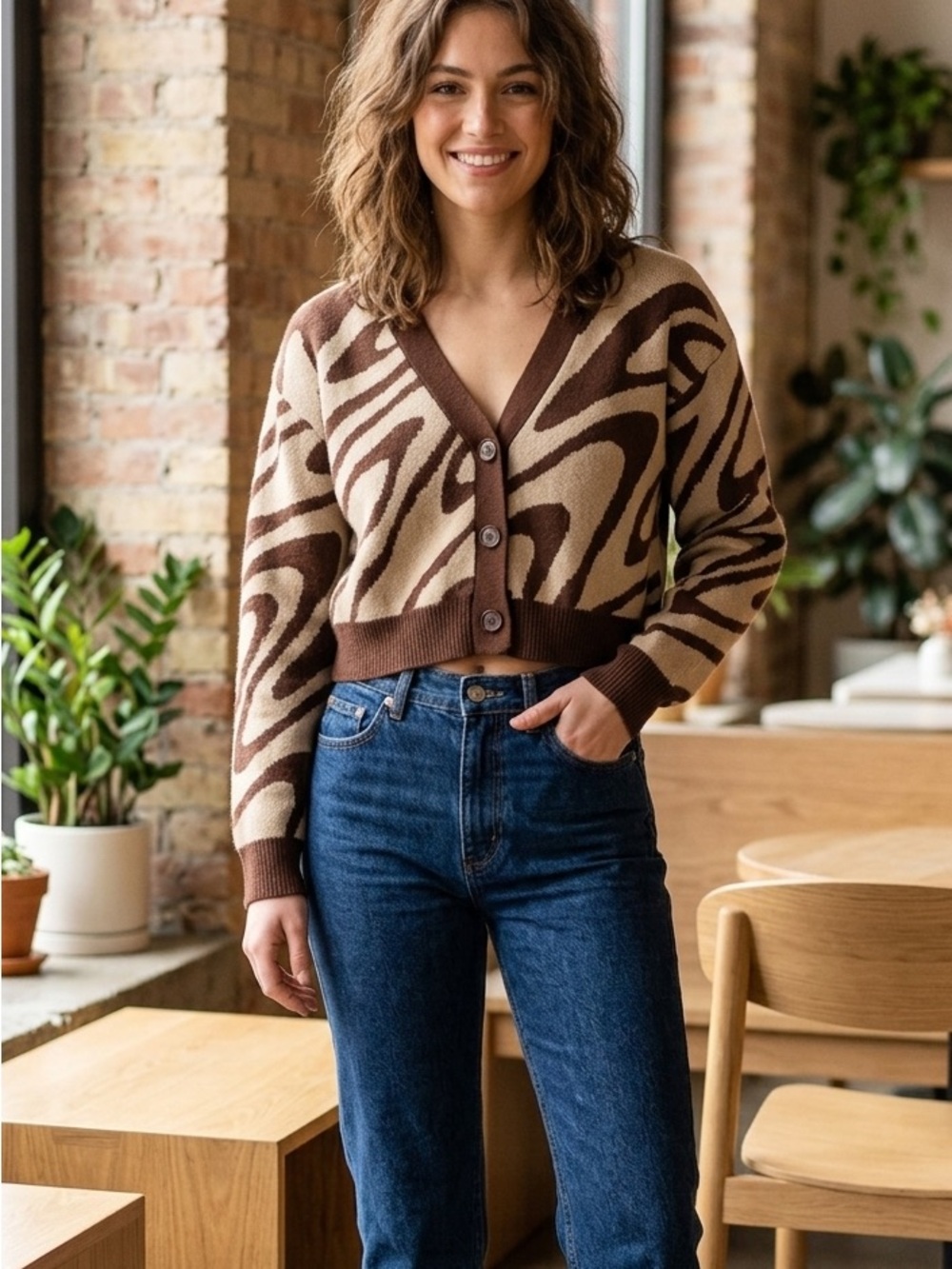 GARAGE🤎tan and brown zebra swirl print oversized cropped button cardigan
